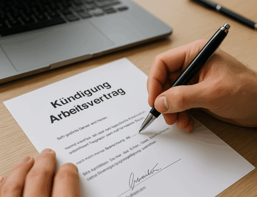 Kündigung Arbeitsvertrag: Hand unterschreibt Kündigungsschreiben am Schreibtisch mit Laptop