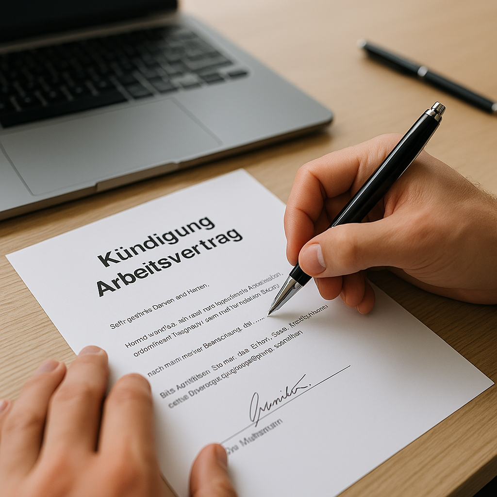 Kündigung Arbeitsvertrag: Hand unterschreibt Kündigungsschreiben am Schreibtisch mit Laptop