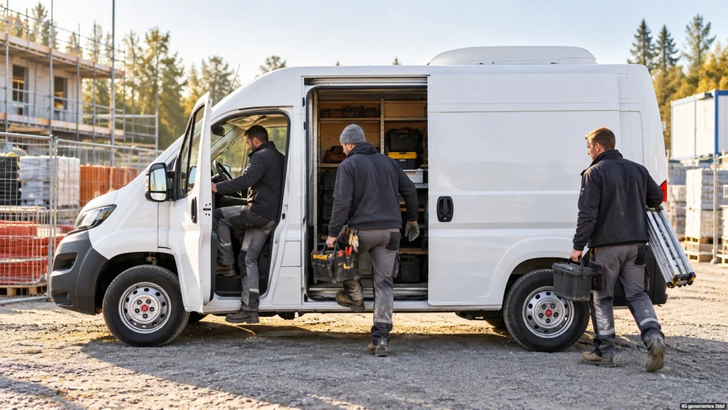 Drei Handwerker mit Werkzeug steigen an einer Baustelle in einen weißen Firmentransporter ein.
