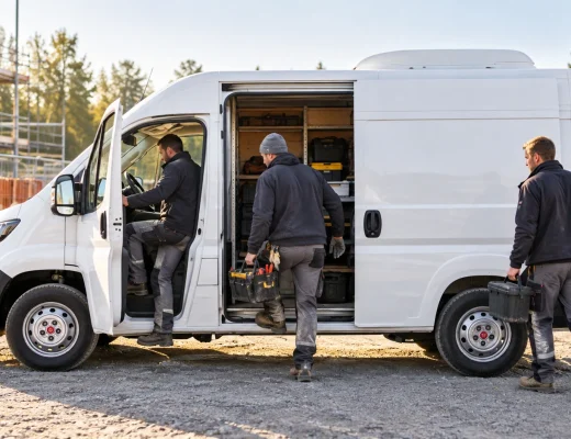 Drei Handwerker mit Werkzeug steigen an einer Baustelle in einen weißen Firmentransporter ein.